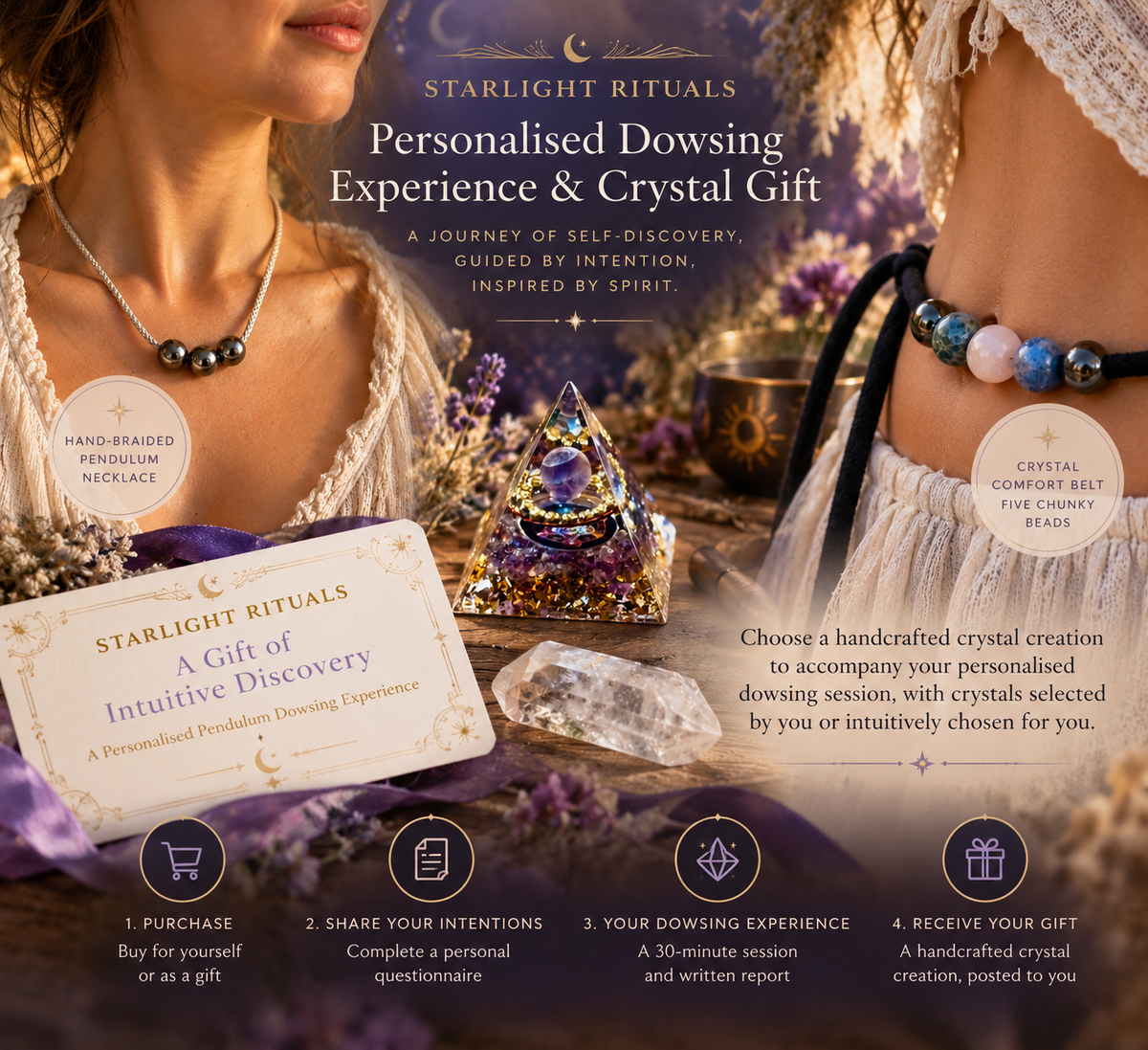Starlight Rituals Personalised Dowsing Experience & Crystal Gift, featuring a handcrafted pendulum necklace, five-bead Crystal Comfort Belt, gift voucher and personal dowsing session with written report.
