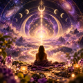 Woman meditating beneath a purple cosmic sky, surrounded by glowing crystals, stars, moon phases and golden sacred geometry, with a luminous pathway leading into the universe.