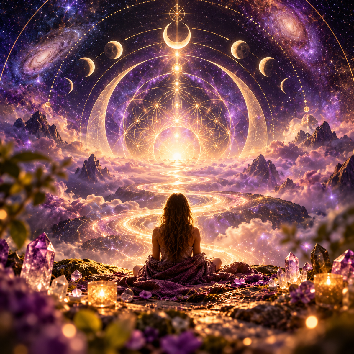 Woman meditating beneath a purple cosmic sky, surrounded by glowing crystals, stars, moon phases and golden sacred geometry, with a luminous pathway leading into the universe.