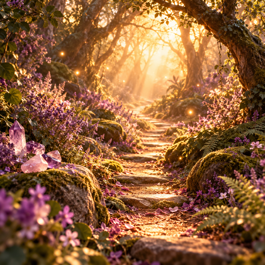 Enchanted woodland pathway surrounded by purple wildflowers, moss-covered stones and amethyst crystals, with golden sunlight and glowing lights creating a magical setting for a guided meditation journey.