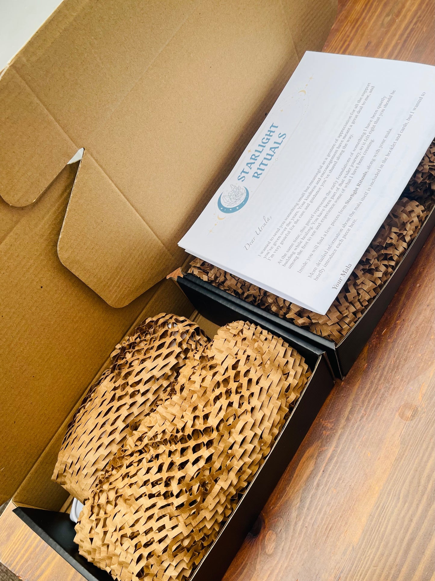 Handmade mala beads gift box with eco packaging and personalised Starlight Rituals note