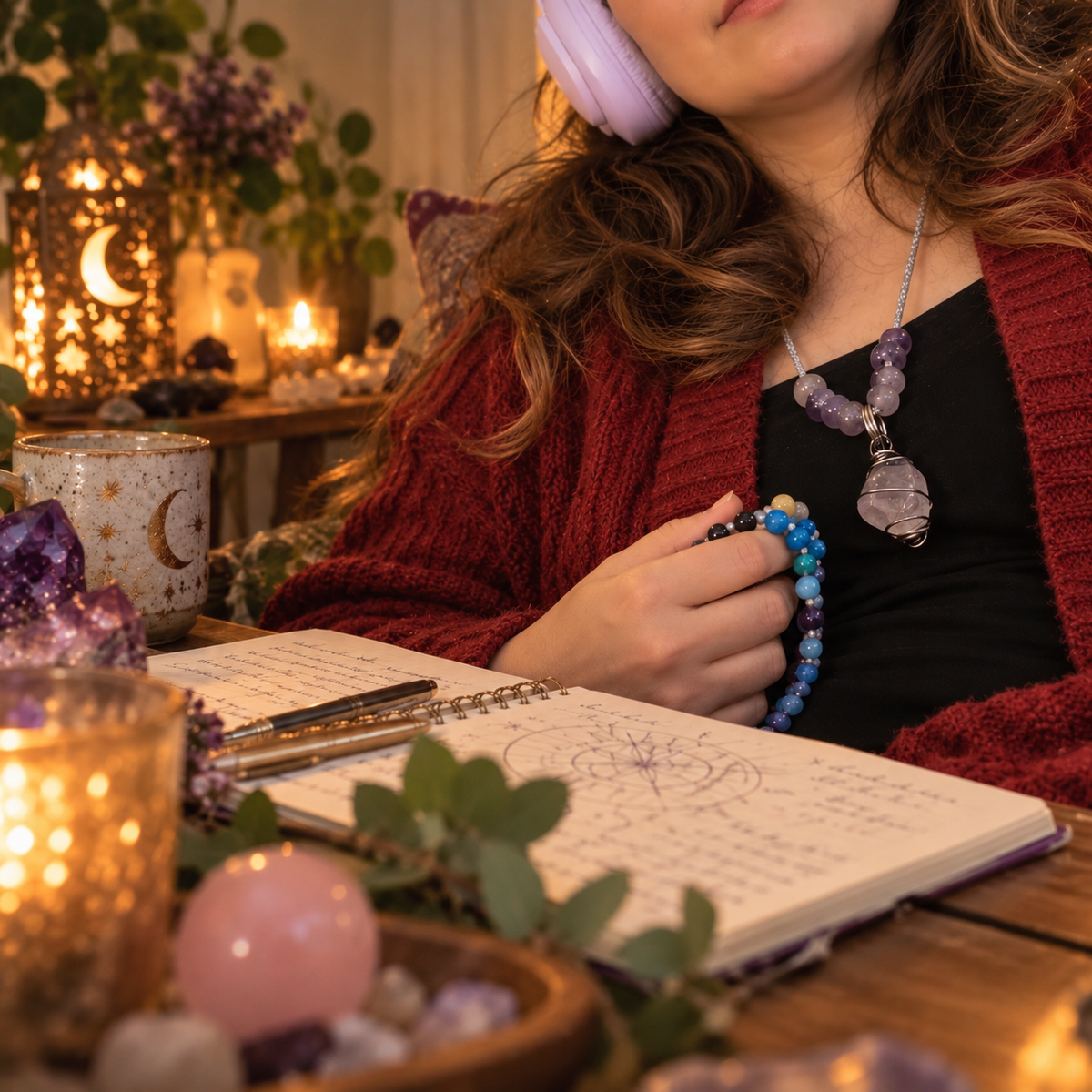 Woman wearing lavender headphones and holding colourful crystal mala beads beside an open meditation journal, with a crystal pendant necklace, candles and crystals in a cosy ritual space.